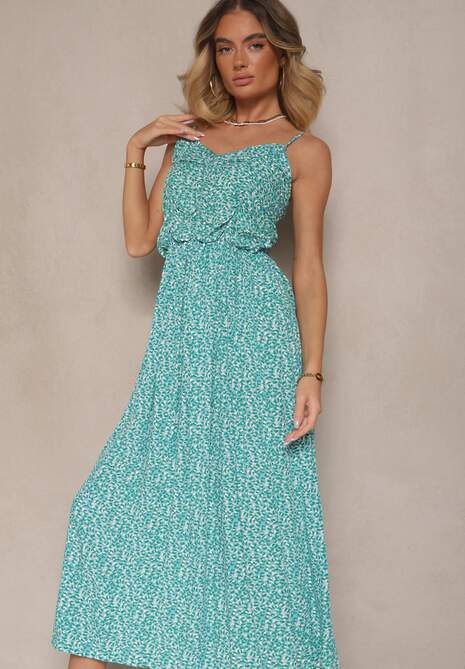 Zielona Rozkloszowana Sukienka z Bawełny na Ramiączkach Jenarissea