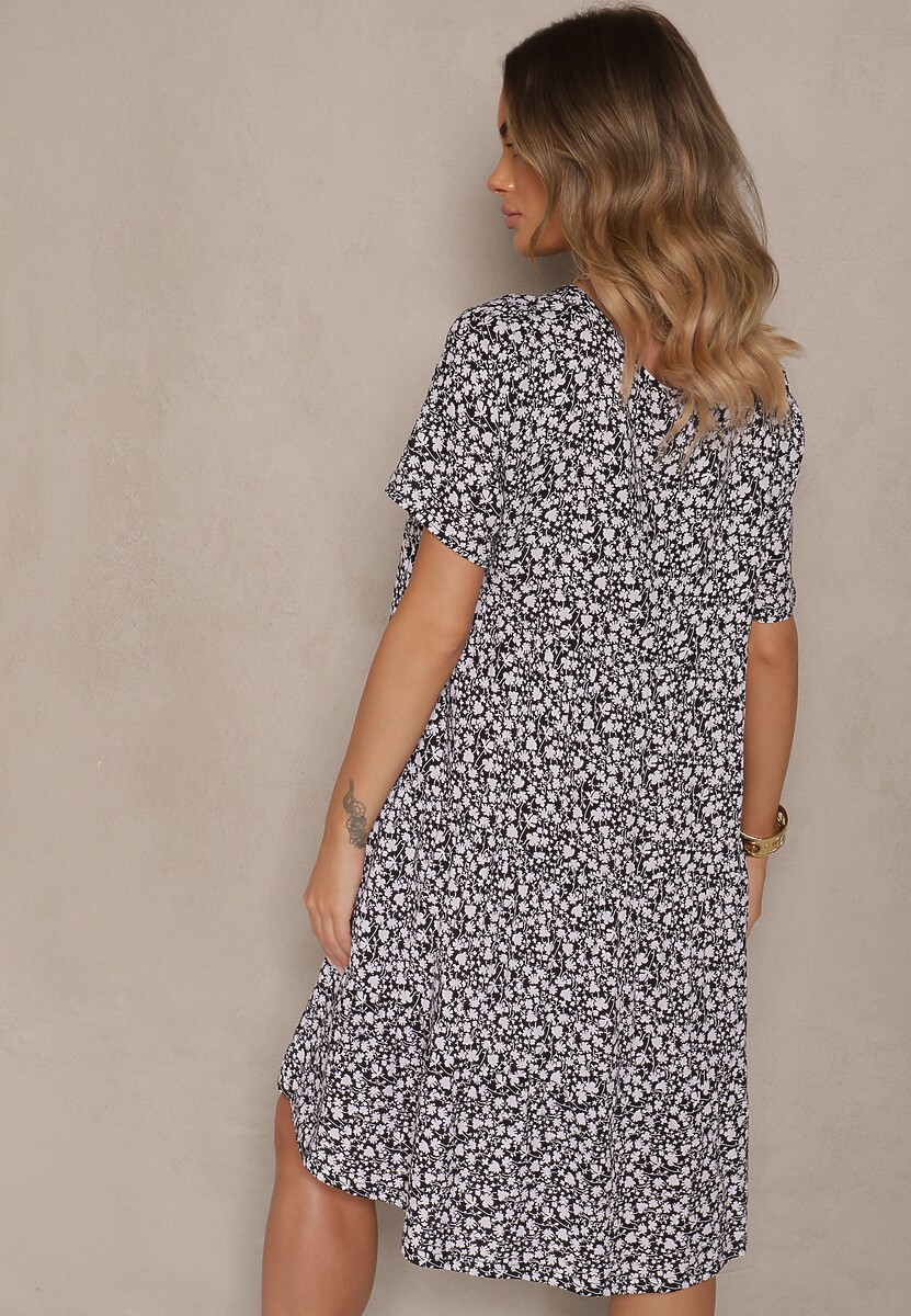 Czarna Rozkloszowana Sukienka z Bawełną w Kwiaty Mevazia