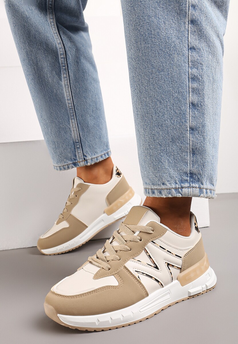 Ciemnobeżowe Płaskie Sneakersy ze Sznurowaniem z Metalicznymi Wstawkami Remarie