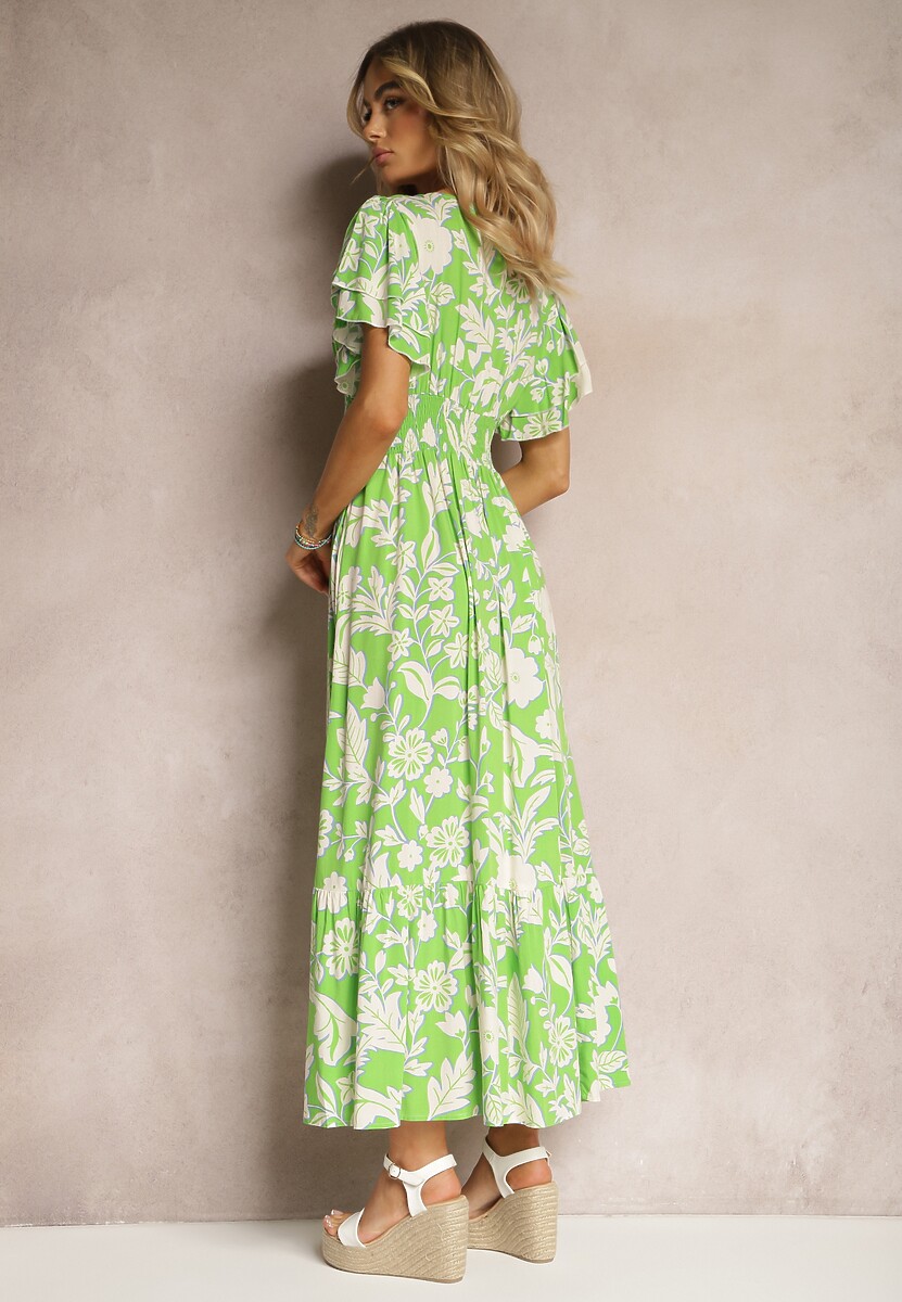 Jasnozielona Sukienka z Wiskozy z Krótkim Rękawem Wiązana z Przodu Marszczona w Pasie Tessam