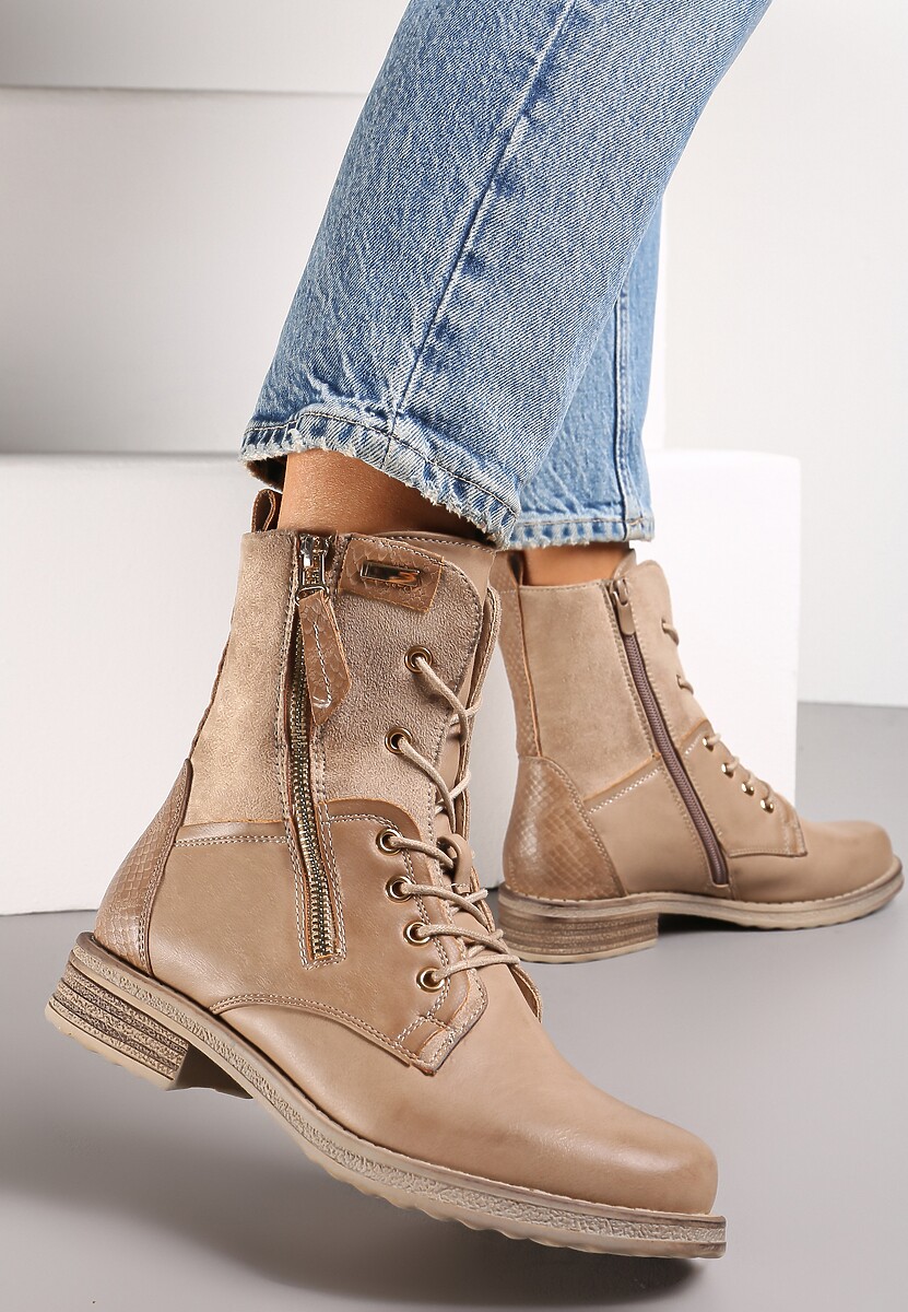 Beżowe Botki z Ozdobnym Suwakiem i Sznurowaniem Sanara