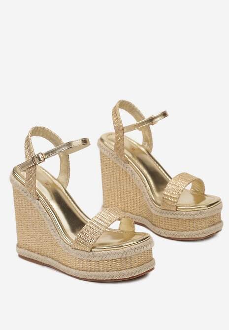 Złote Sandały z Plecionki na Koturnie ze Sprzączką Odira