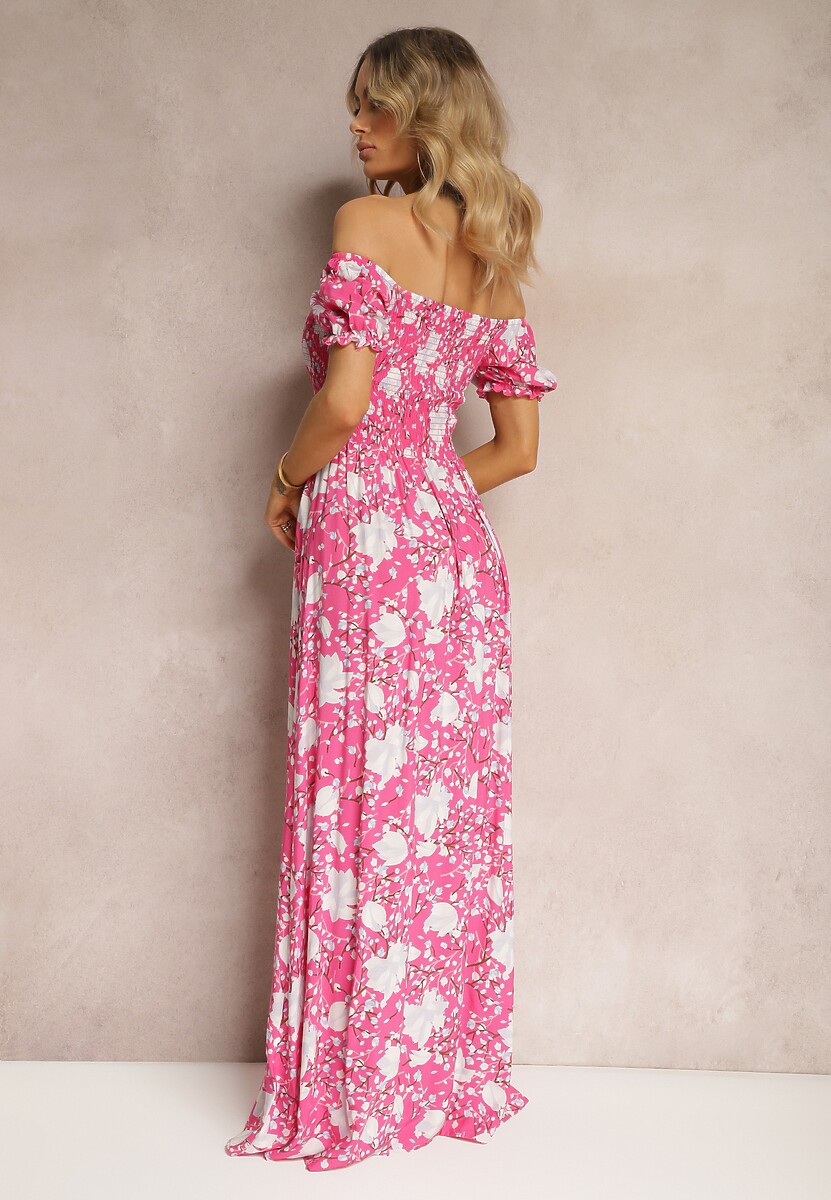 Różowa Kwiecista Sukienka o Rozkloszowanym Kroju z Marszczoną Górą Eliseria