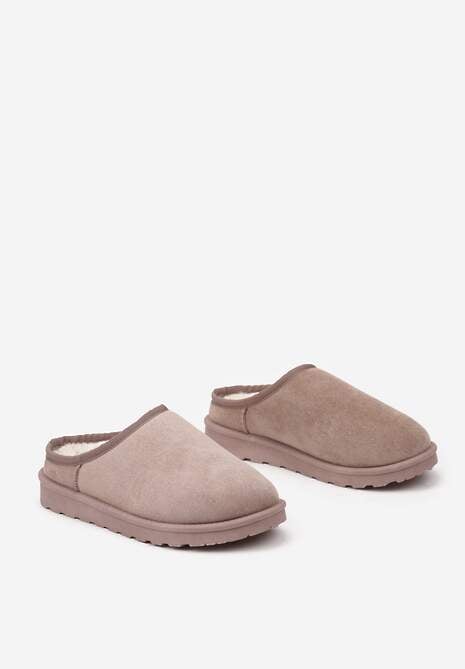 Ciemnobeżowe Casualowe Kapcie na Płaskiej Podeszwie z Futerkiem Peccaria
