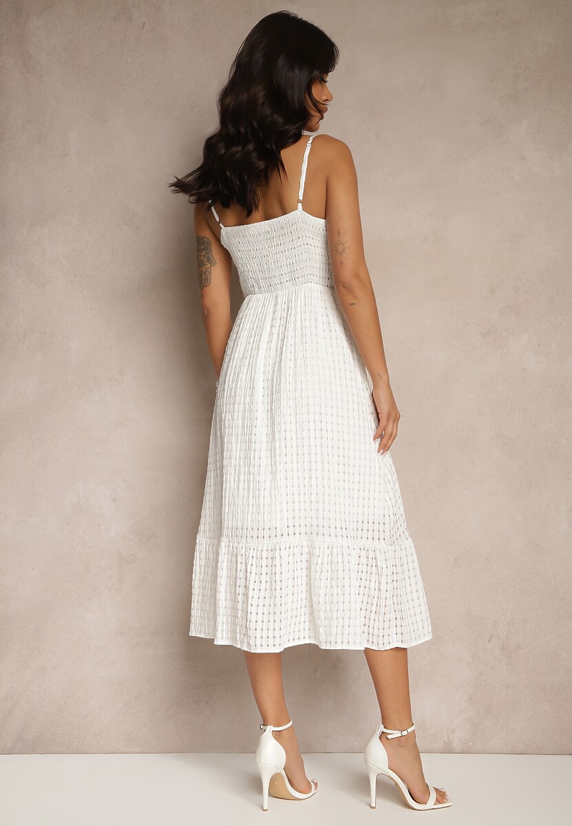 Biała Rozkloszowana Sukienka z Wiskozą na Cienkich Ramiączkach z Guzikami Efrisela