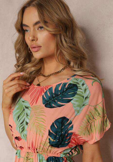 Różowa Sukienka z Wiskozy w Kwiaty i Gumką w Pasie Timnita