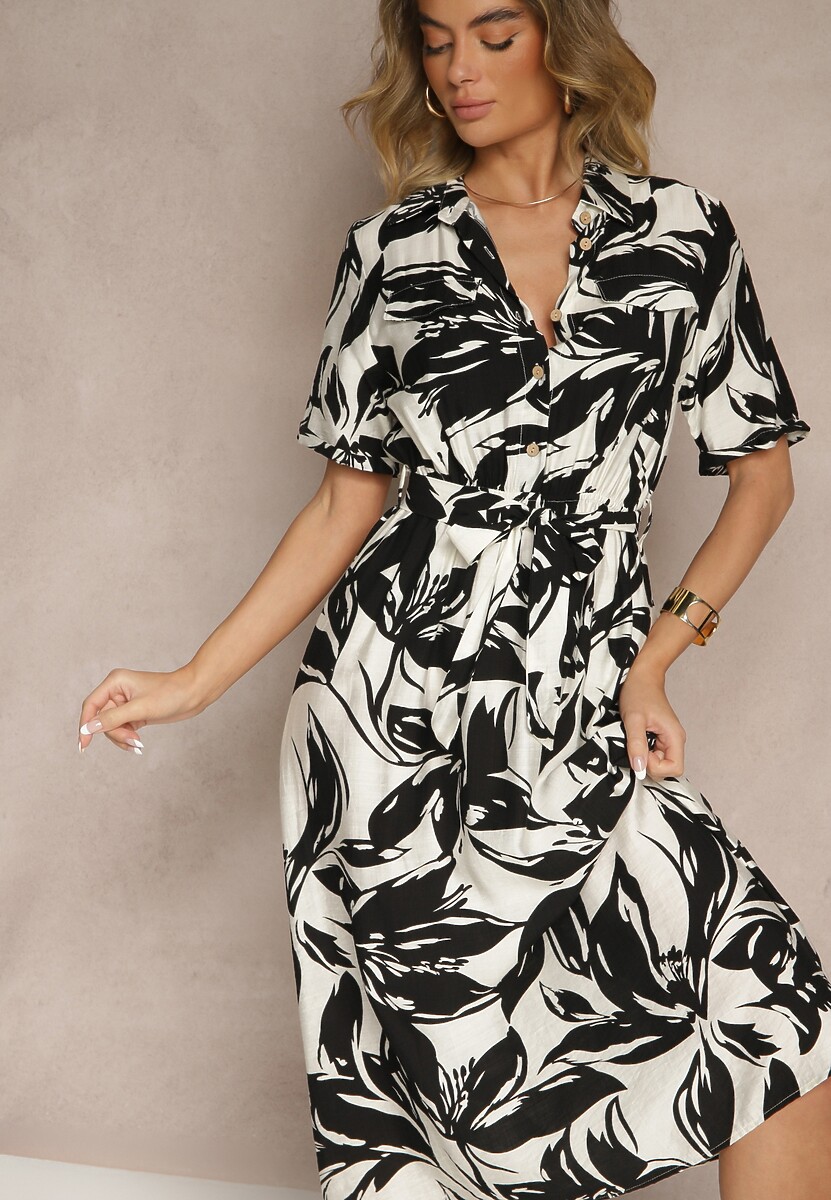 Czarno-Biała Koszulowa Sukienka z Wiskozy z Wiązanym Paskiem Ullosaria