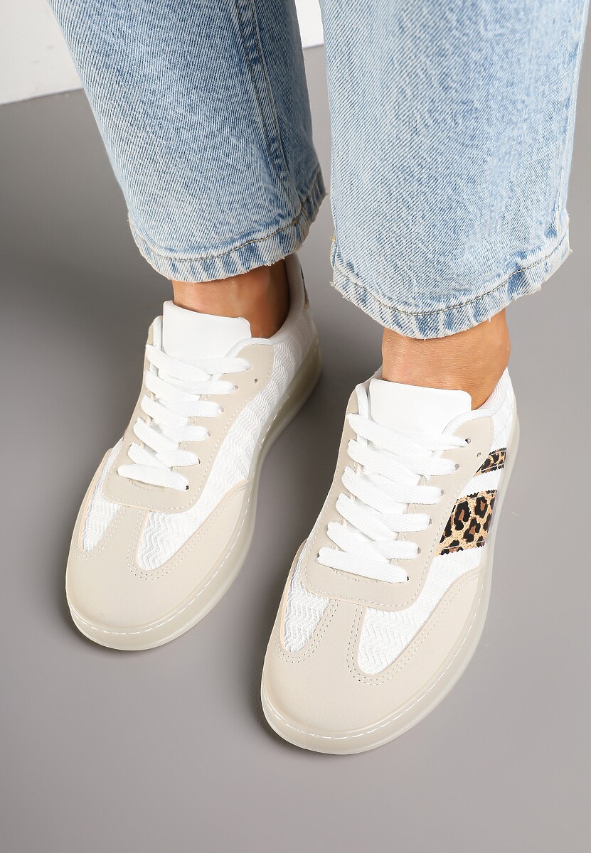 Beżowo-Panterkowe Klasyczne Sneakersy Tenisówki na Półprzezroczystej Podeszwie Niniel