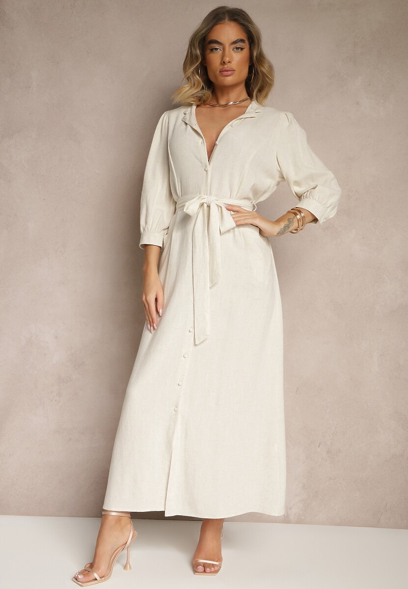 Ciemnobeżowa Sukienka Koszulowa z Wiskozą Lnem i Paskiem Galenena