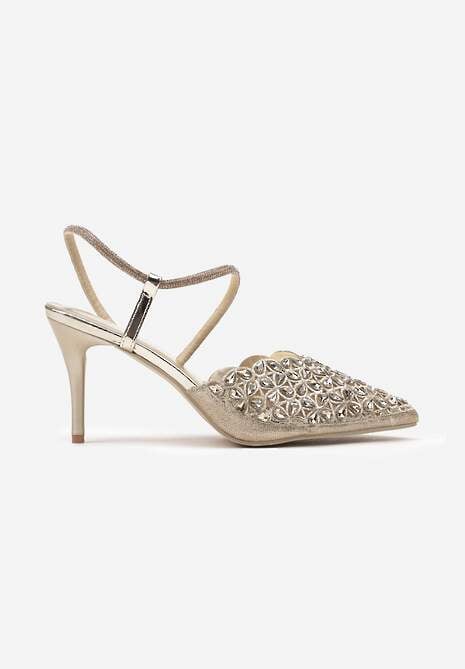 Złote Sandały na Szpilce Slingback z Cyrkoniami Dimte