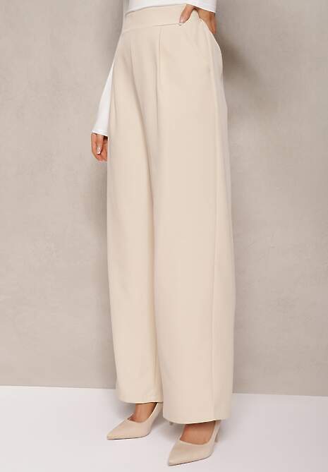 Jasnobeżowe Szerokie Spodnie w Eleganckim Stylu Hanessame