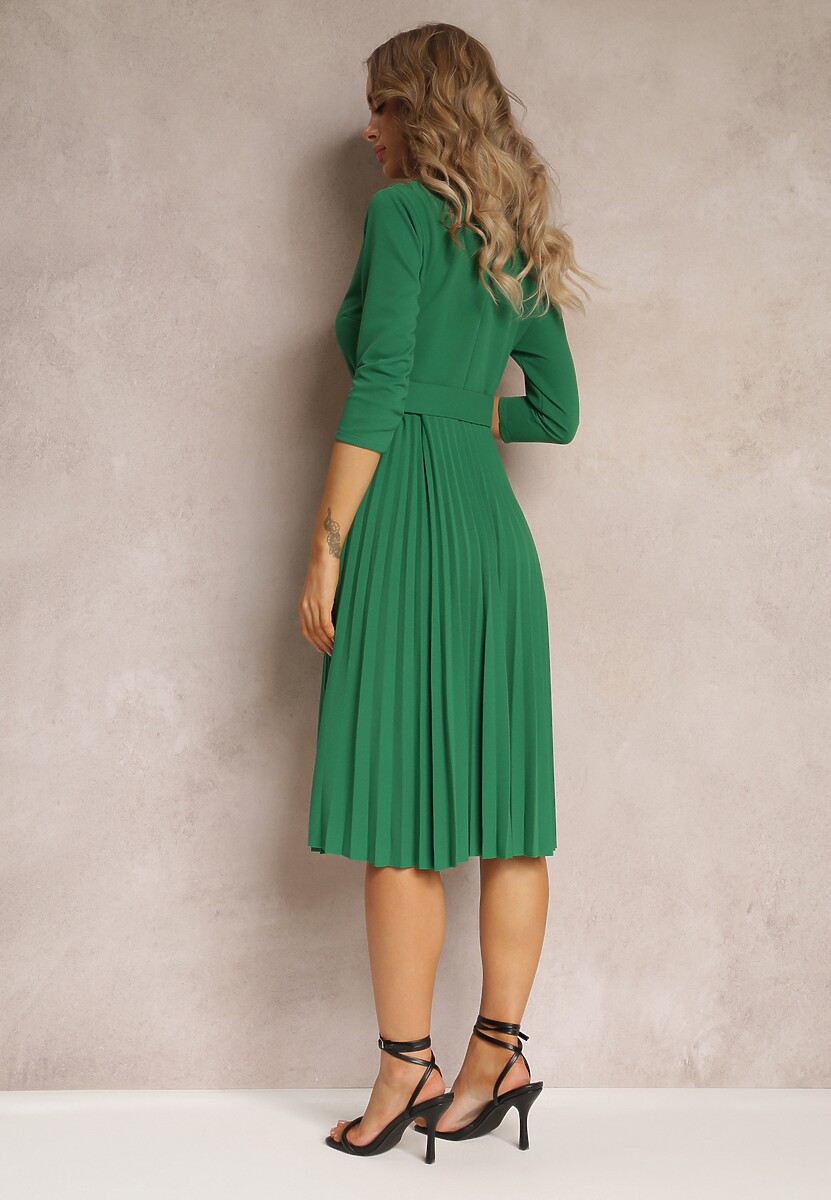 Zielona Sukienka Plisowana z Paskiem Valfe