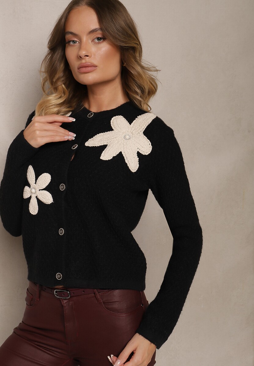 Czarny Tłoczony Kardigan z Ozdobnymi Haftami w Kształcie Kwiatów Rinnelithra