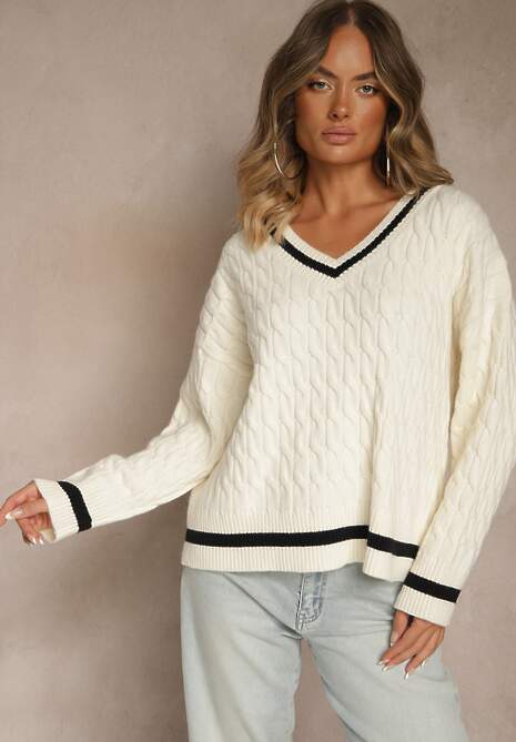 Jasnobeżowy Sweter w Stylu Preppy z Dodatkiem Kaszmiru i Warkoczowym Splotem Belmire