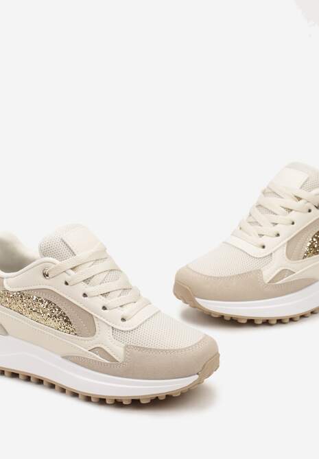 Beżowe Sneakersy z Noskiem z Siateczki i Wstawką Cekinową Tilrialls