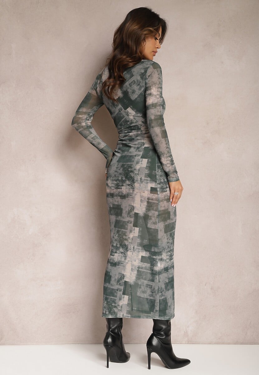 Ciemnozielona Dopasowana Sukienka Maxi z Wycięciem Marperra