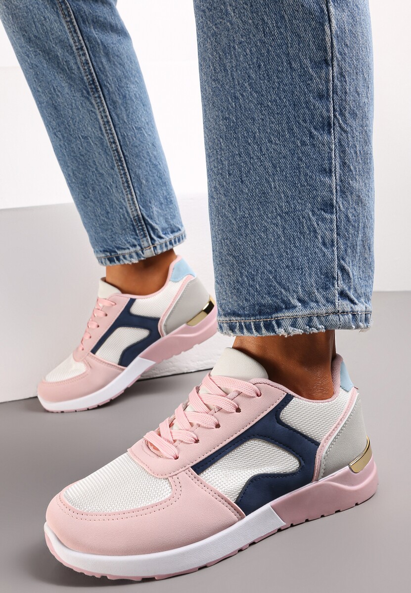 Beżowo-Różowe Sneakersy przed Kostkę z Metaliczną Wstawką Anastali