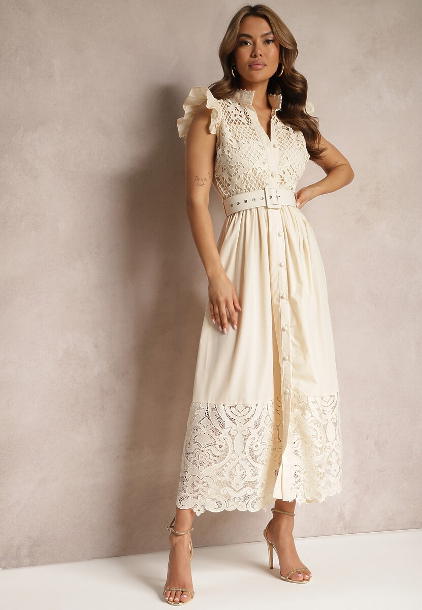 Beżowa Koszulowa Sukienka z Ażurowym Zdobieniem i Paskiem z Prostokątną Klamrą Trika