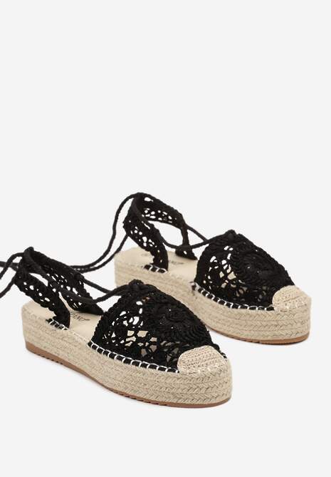 Czarne Wiązane Espadryle Ażurowe na Plecionej Podeszwie Talea