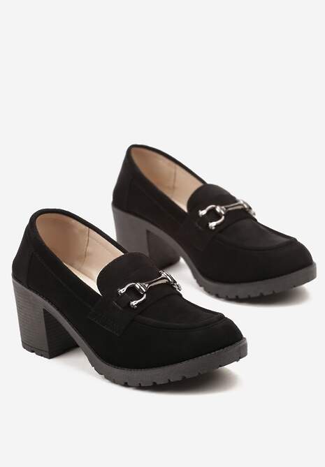Czarne Półbuty Mokasyny na Słupku z Platformą Ozdobione Klamrą Acridna