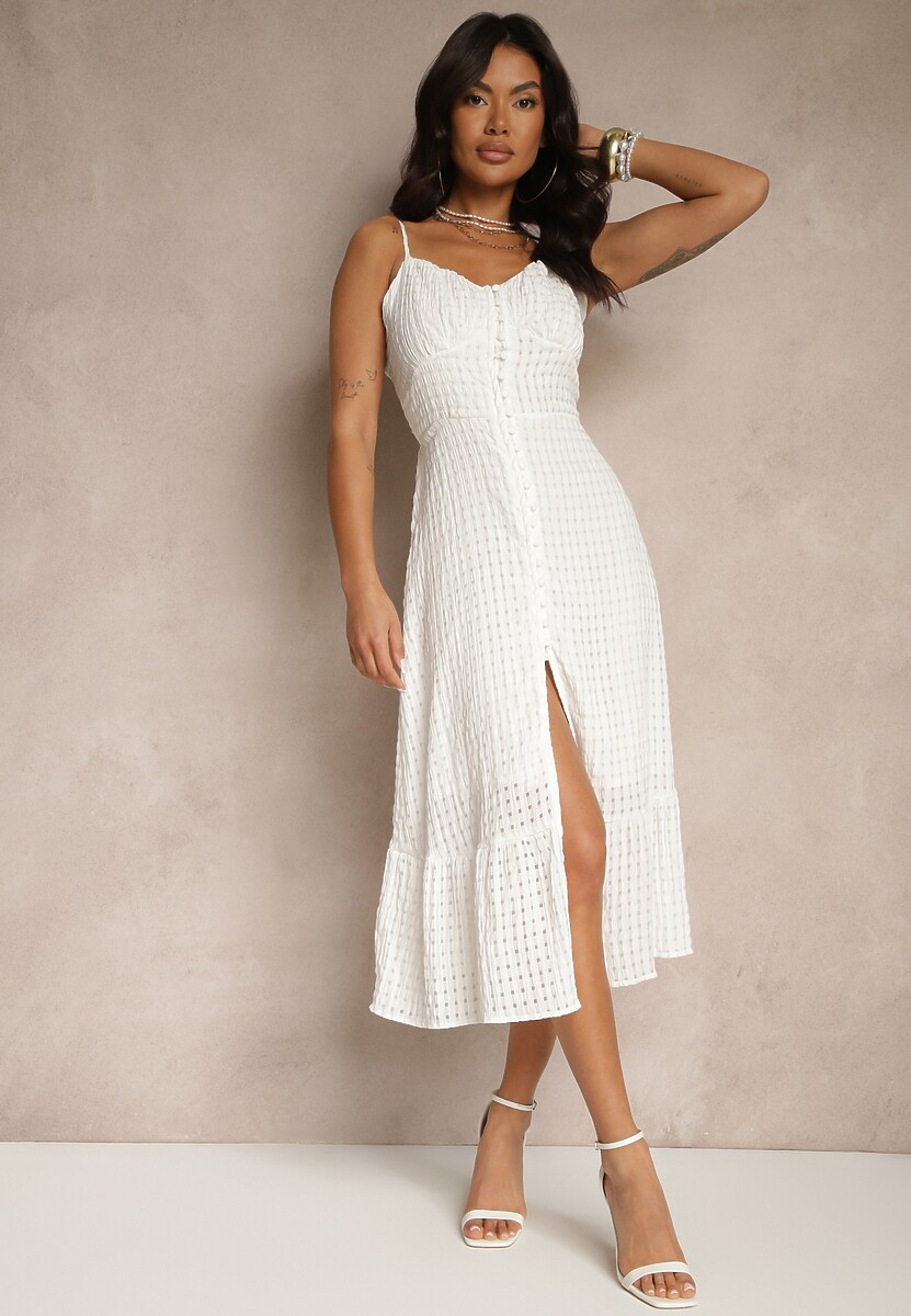 Biała Rozkloszowana Sukienka z Wiskozą na Cienkich Ramiączkach z Guzikami Efrisela