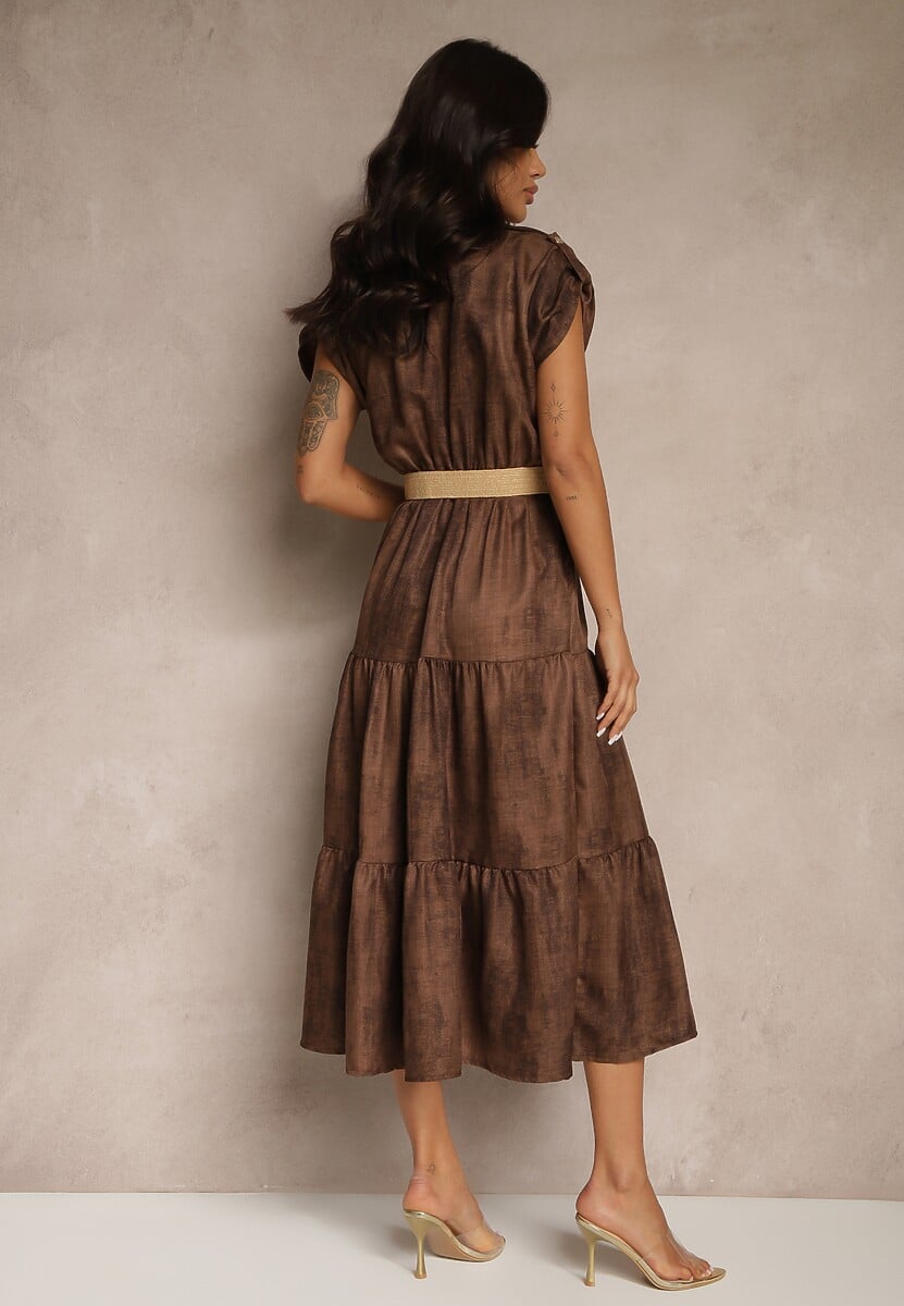 Brązowa Sukienka z Guzikami i Paskiem z Plecionki Fillona