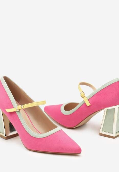 Fuksjowe Czółenka na Słupku z Metaliczną Wstawką i Paskiem Linnelea