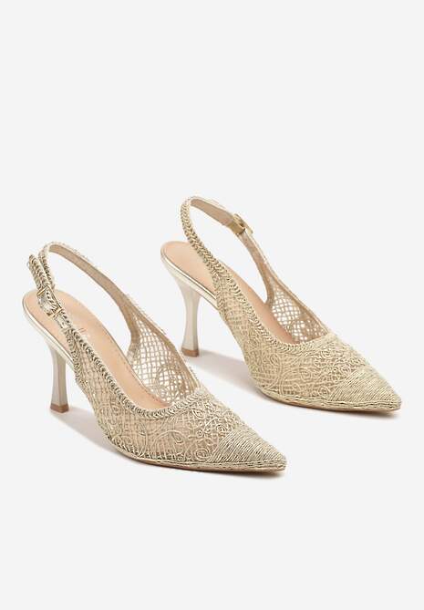 Złote Sandały na Szpilce Typu Slingback Ozdobione Siateczką Aranalia