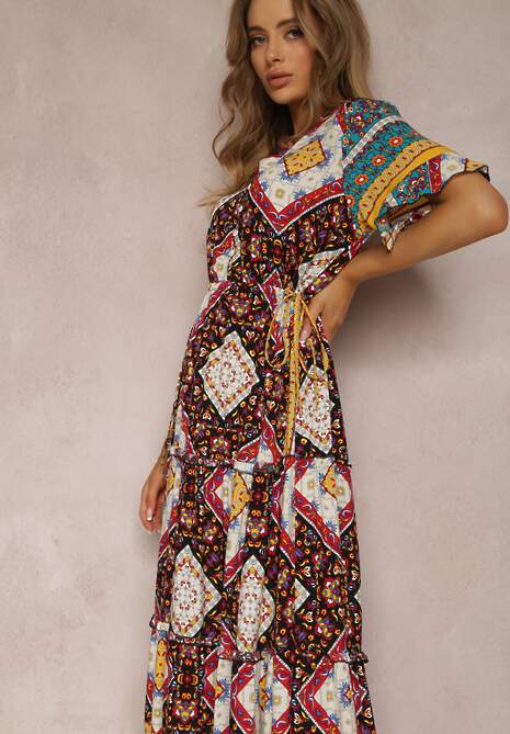 Czarno-Czerwona Sukienka z Wiskozy Olonice