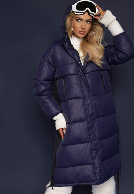 Granatowa Kurtka Pikowana Długa Pelo