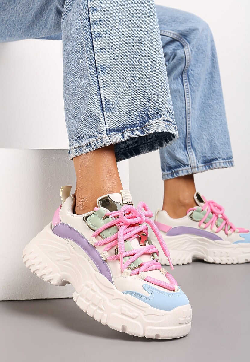 Biało-Różowe Sneakersy z Grubymi Sznurówkami na Niskiej Platformie Lasandre