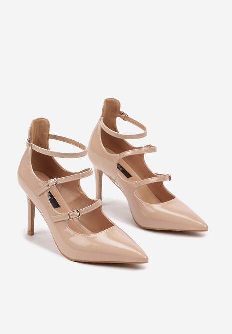 Beżowe Szpilki Lakierowane Ozdobione Paskami ze Sprzączkami Armiela