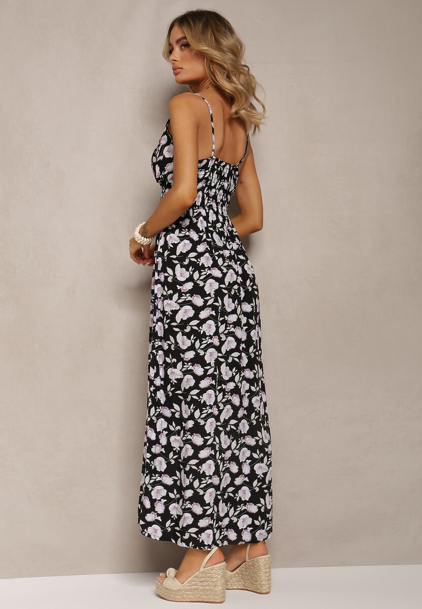 Czarna Bawełniana Sukienka na Cienkich Ramiączkach w Kwiecisty Wzór o Rozkloszowanym Fasonie Rosaq