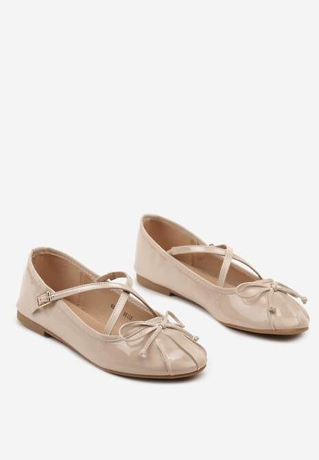 Beżowe Płaskie Balerinki z Imitacji Skóry Z Ozdobnymi Paskami i Sprzączką Zdobione Kokardką Xisaa