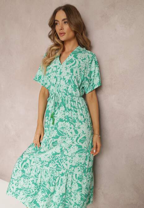 Miętowo-Zielona Rozkloszowana Sukienka w Kwiaty z Falbaną Humina