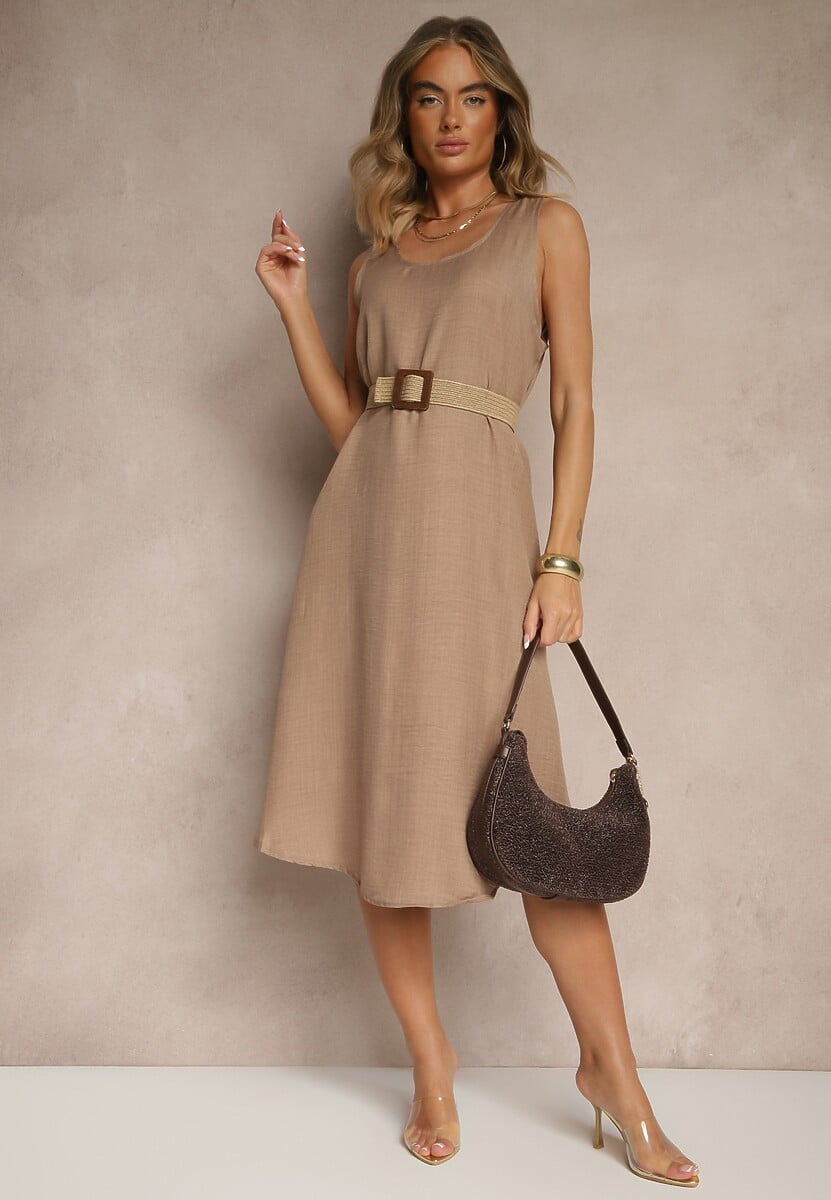 Ciemnobeżowa Basicowa Sukienka o Rozkloszowanym Kroju Mevolira