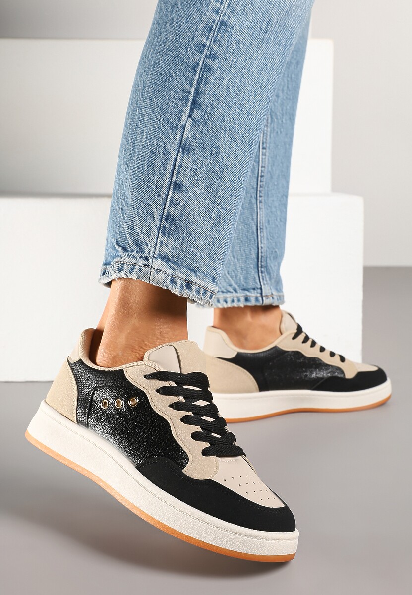 Czarno-Beżowe Streetwearowe Sneakersy Zdobione Przeszyciami Neonisea