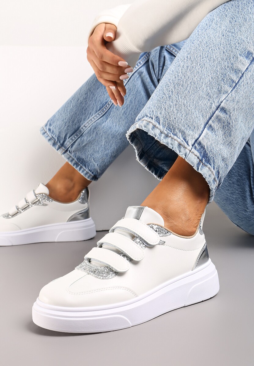Biało-Srebrne Sneakersy z Brokatową i Metaliczną Wstawką i Zapięciem na Rzep Tinarima