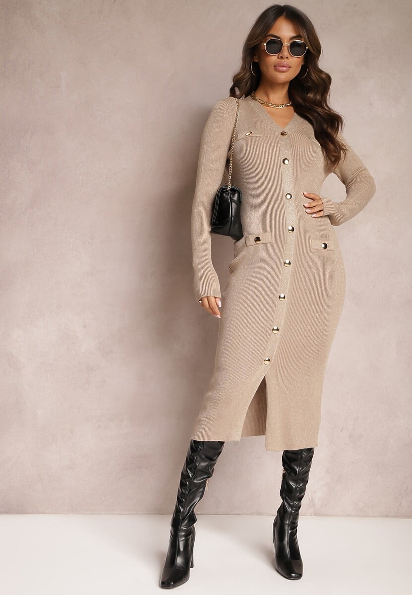 Beżowa Sweterkowa Sukienka Midi z Metaliczną Nitką i Guzikami Heliosa