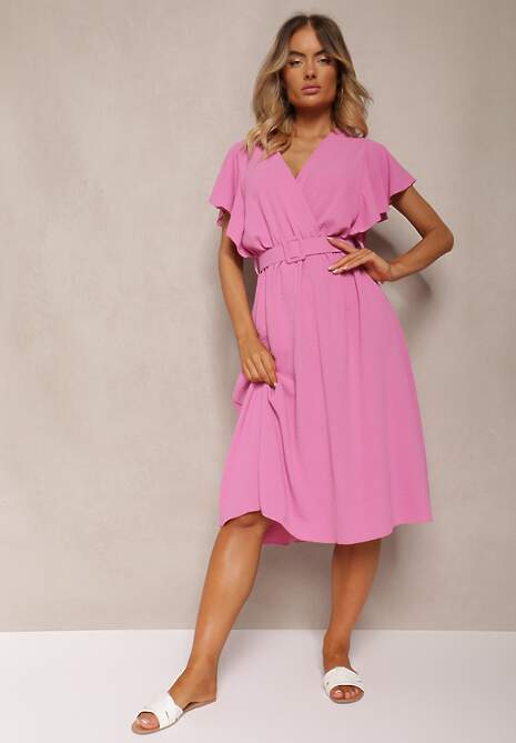 Różowa Rozkloszowana Sukienka z Paskiem i Kopertowym Dekoltem Brinea