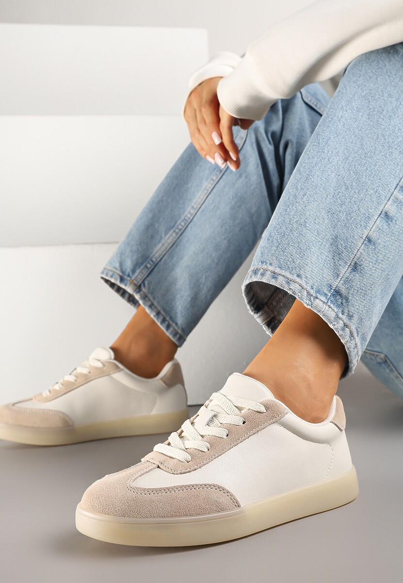 Beżowe Skórzane Sneakersy Ozdobione Perforacją Tulozi