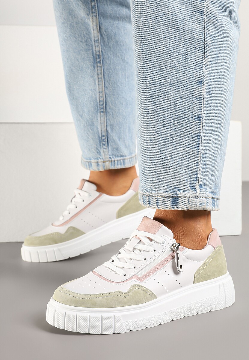 Biało-Zielone Sneakersy ze Skóry Naturalnej z Ozdobnym Suwakiem Tilliraya