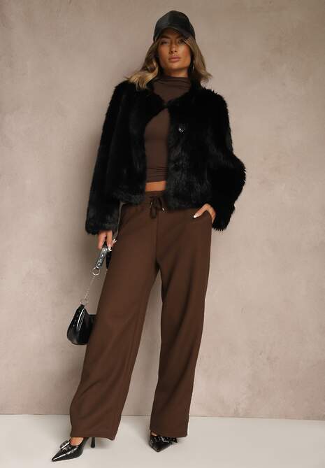 Czarna Kurtka Futerko o Prostym Fasonie z Okrągłym Dekoltem Iddane