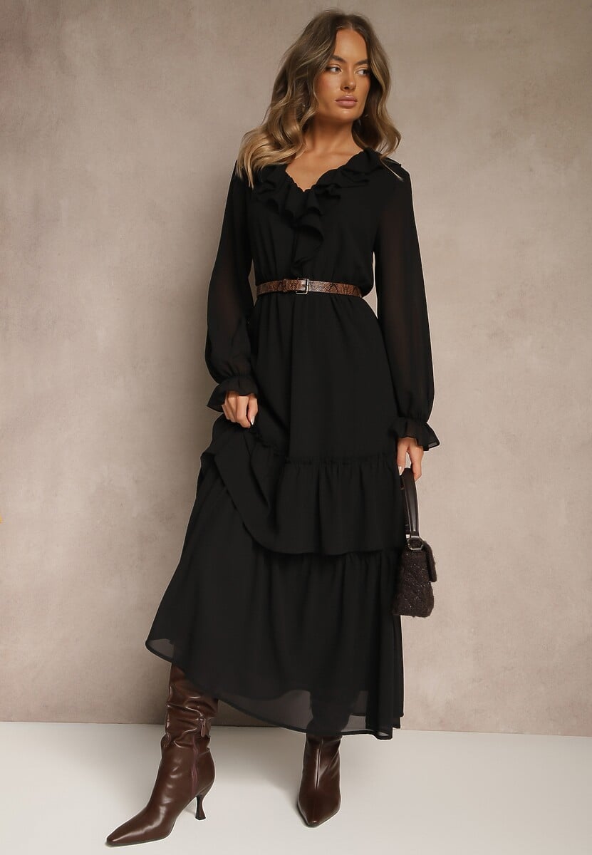 Brązowa Rozkloszowana Sukienka VICES z Falbanami i Transparentnymi Rękawami Aruvite