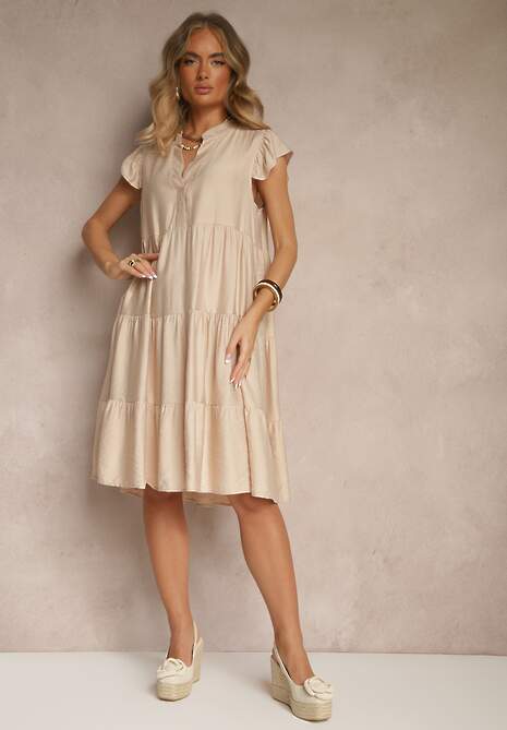 Beżowa Rozkloszowana Sukienka z Dekoltem w Kształcie Litery V Mevamara