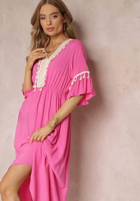 Fuksjowa Sukienka Maxi z Gumką w Talii z Ozdobnymi Chwostami z Wiskozy Zisel