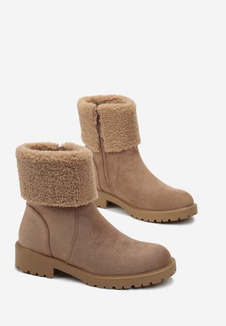 Brązowe Botki za Kostkę z Kożuszkiem Kurconne