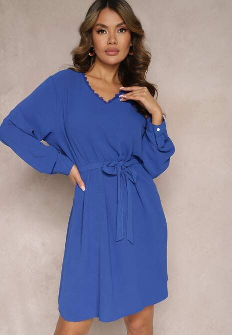 Granatowa Mini Sukienka Rozkloszowana z Koronkową Aplikacją i Paskiem Ailetras