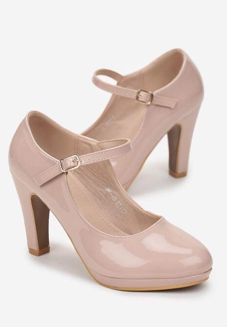 Beżowe Czółenka na Słupku z Lakierowanym Wykończeniem Zabdi