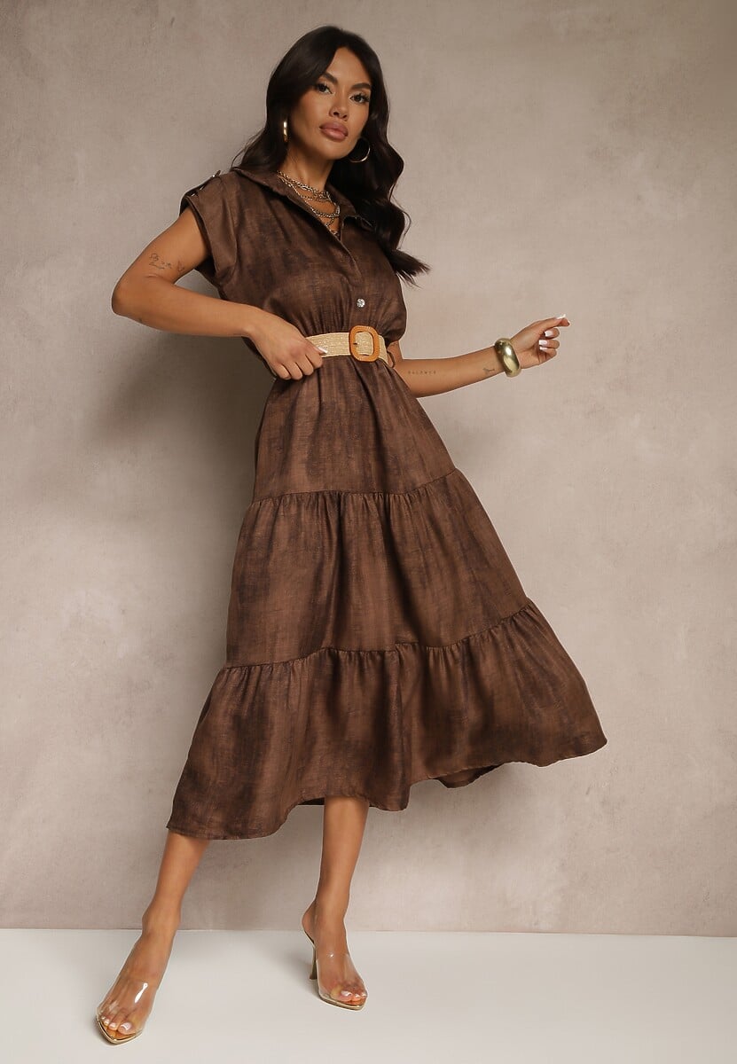 Brązowa Sukienka z Guzikami i Paskiem z Plecionki Fillona